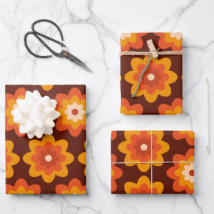 Feuille De Papier Cadeau Motif de fleurs orange bohème hippie rétro groovy