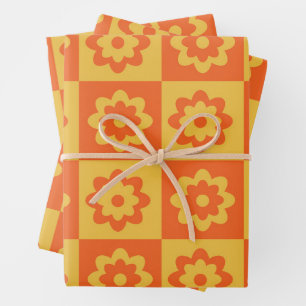 Feuille De Papier Cadeau Motif de fleurs rétro orange et jaune à carreaux 