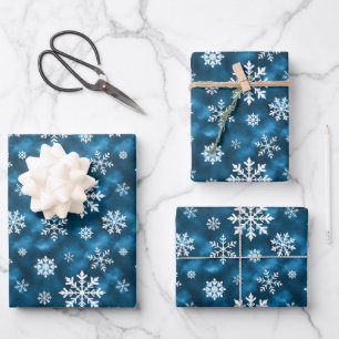 Feuille De Papier Cadeau Motif de flocons de neige bleus et blancs d'hiver