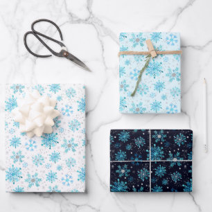 Feuille De Papier Cadeau Motif de flocons de neige hivernaux bleus et argen
