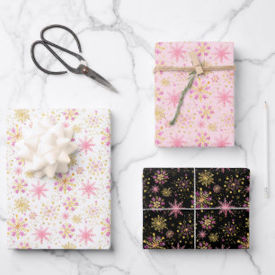 Feuille De Papier Cadeau Motif de flocons de neige hivernaux or et noir
