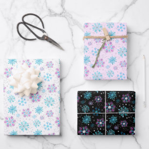 Feuille De Papier Cadeau Motif de flocons de neige hivernaux violets et ble