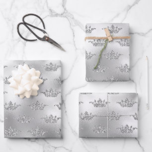 Feuille De Papier Cadeau Motif de la Couronne Glam Silver Faux Foil
