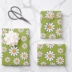 Feuille De Papier Cadeau Motif de marguerite à fleurs vert et blanc
