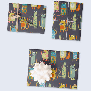 Feuille De Papier Cadeau Motif de monstres amusants