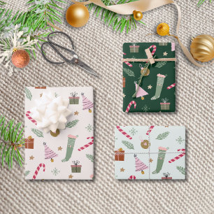 Feuille De Papier Cadeau Motif de Noël de l'Aquarelle Vert Cute Pastel