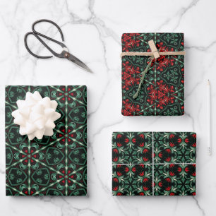 Feuille De Papier Cadeau Motif de Noël gothique avec Floral Rouge & Vert