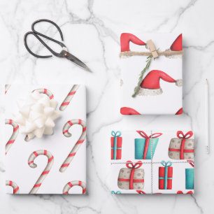 Feuille De Papier Cadeau Motif de Noël simple Canne à bonbons Chapeau de Pè