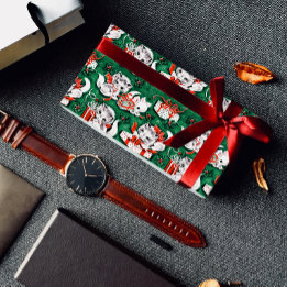Feuille De Papier Cadeau motif de Noël Vintage Vert des années 50 avec chat