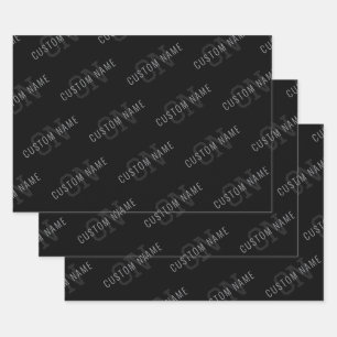 Feuille De Papier Cadeau Motif de nom en monogramme gris très foncé et noir