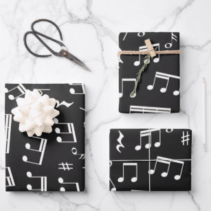Feuille De Papier Cadeau Motif de notes de musique en noir et blanc