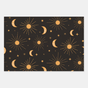 Feuille De Papier Cadeau Motif de soleil et de lune orange bohème