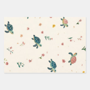Feuille De Papier Cadeau Motif de tortue marine à l'aquarelle Fleur florale