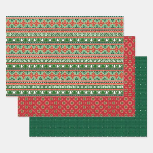 Feuille De Papier Cadeau Motif de tricot rouge et vert (Lot)