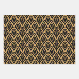 Feuille De Papier Cadeau Motif de ventilateur Art déco noir et or
