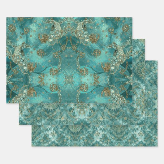 Feuille De Papier Cadeau Motif d'écailles de sirène Aqua Pearlescent & Or (Lot)