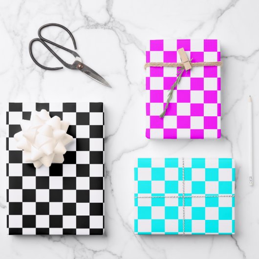 Feuille De Papier Cadeau Motif d'échecs rétro rose bleu (Recto)