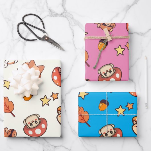 Feuille De Papier Cadeau Motif des boisés et des champignons de Kawaii (Recto)
