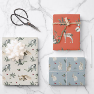 Feuille De Papier Cadeau Motif des cerfs et lapins de bois d'hiver