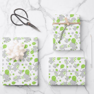 Feuille De Papier Cadeau Motif Des Eléphants, Eléphants Mignons - Grey Vert