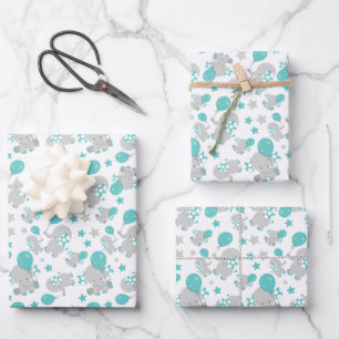 Feuille De Papier Cadeau Motif Des Eléphants, Eléphants Mignons - Gris Bleu