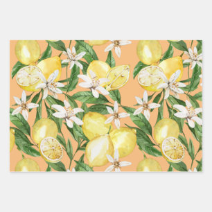 Feuille De Papier Cadeau motif d'été en fleurs de citron sur orange