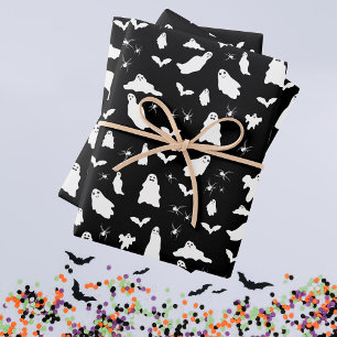 Feuille De Papier Cadeau Motif d'Halloween, chauves-souris et araignées