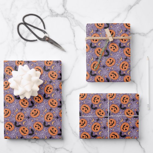 Feuille De Papier Cadeau Motif d'Halloween violet Jack-O-lanterne (Recto)