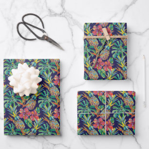 Feuille De Papier Cadeau Motif d'hibiscus à ananas tropicaux