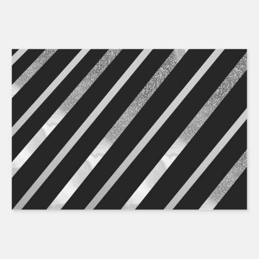 Feuille De Papier Cadeau Motif Diagonal Noir Et Argent (Devant)