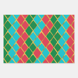 Feuille De Papier Cadeau Motif diamant bleu rouge vert or