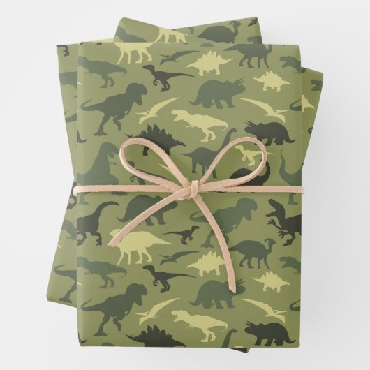 Feuille De Papier Cadeau Motif Dinosaure, Silhouette Dinosaure, Dino Vert (En situation)
