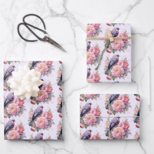 Feuille De Papier Cadeau Motif d'oiseau chanteur debout sur des pivoines ro