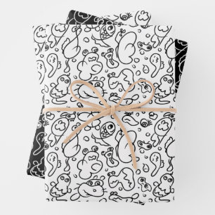 Feuille De Papier Cadeau Motif doodé noir et blanc