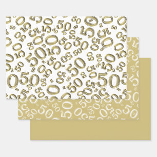 Feuille De Papier Cadeau Motif du numéro d'or et de blanc du 50e anniversa