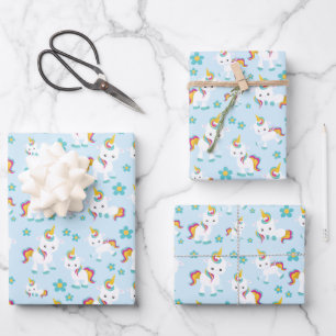 Feuille De Papier Cadeau Motif D'Unicornes, De Mignons Unicornes, Fleurs