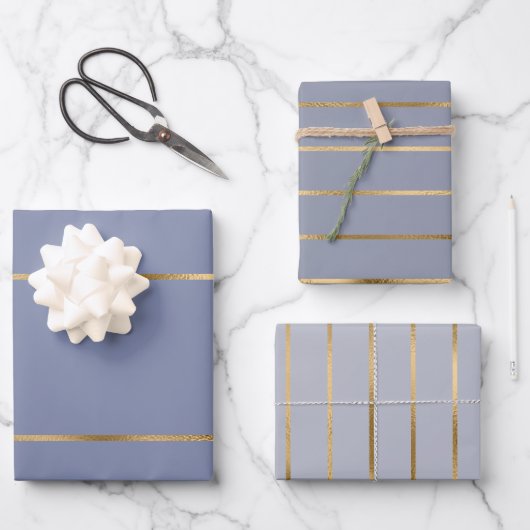 Feuille De Papier Cadeau Motif Dusty Blue Gold Stripe (Recto)