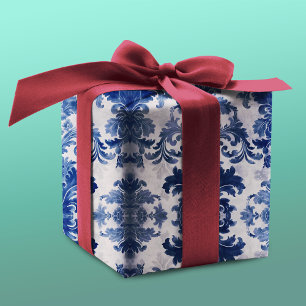 Feuille De Papier Cadeau Motif élégant de damas en toile bleue vintage