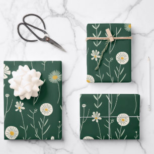 Feuille De Papier Cadeau Motif élégant de fleurs sauvages sur fond vert fon