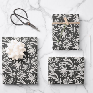 Feuille De Papier Cadeau Motif Élégant de Plantes et Herbes Floral Noir Bla