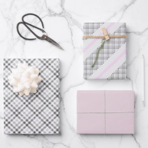Feuille De Papier Cadeau Motif élégant tartan gris blanc blush 