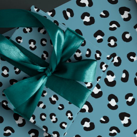 Feuille De Papier Cadeau Motif Empreinte de léopard Turquoise, noir et blan