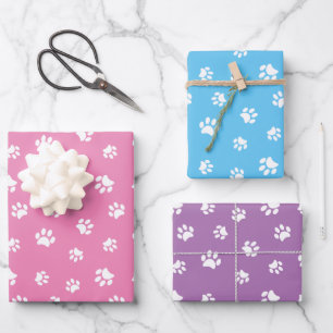 Feuille De Papier Cadeau Motif Empreintes de Patte Blanches Rose Bleu Viole