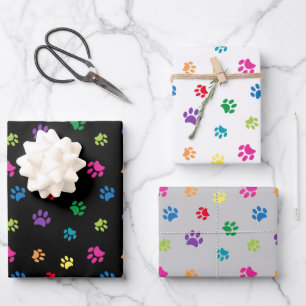 Feuille De Papier Cadeau Motif Empreintes de Patte Colorées sur Fond Noir B