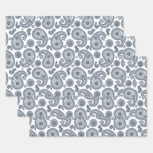 Feuille De Papier Cadeau Motif en cachemire bleu foncé indien sur blanc