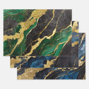 Feuille De Papier Cadeau Motif en marbre vert et bleu avec or