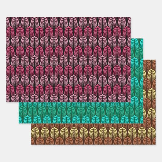 Feuille De Papier Cadeau Motif en plumes Art Déco, Fuchsia, Aqua & Brown (Lot)