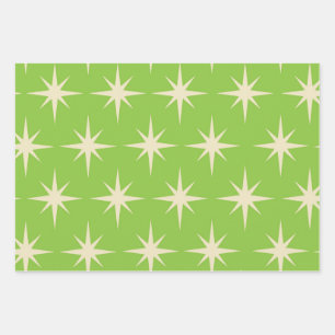 Feuille De Papier Cadeau Motif étoiles rétro atomiques sur fond vert citron