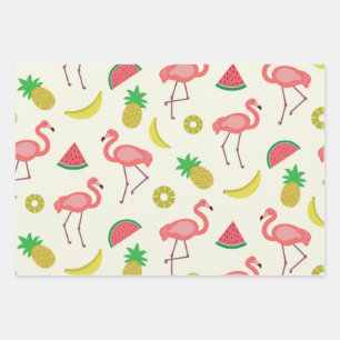Feuille De Papier Cadeau Motif flamant rose avec des fruits d'été mignons 