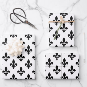 Feuille De Papier Cadeau Motif Fleur de Lis, Royal Français, Noir sur Blanc